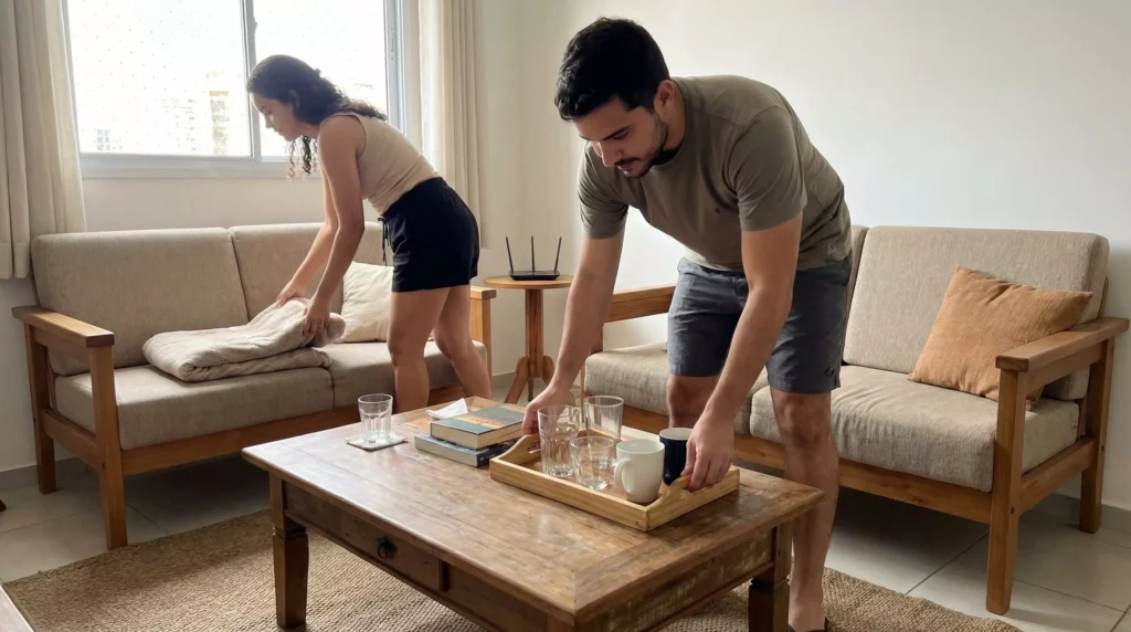Pessoas recolhendo objetos espalhados na sala, como taças e almofadas, organizando o ambiente após celebração.