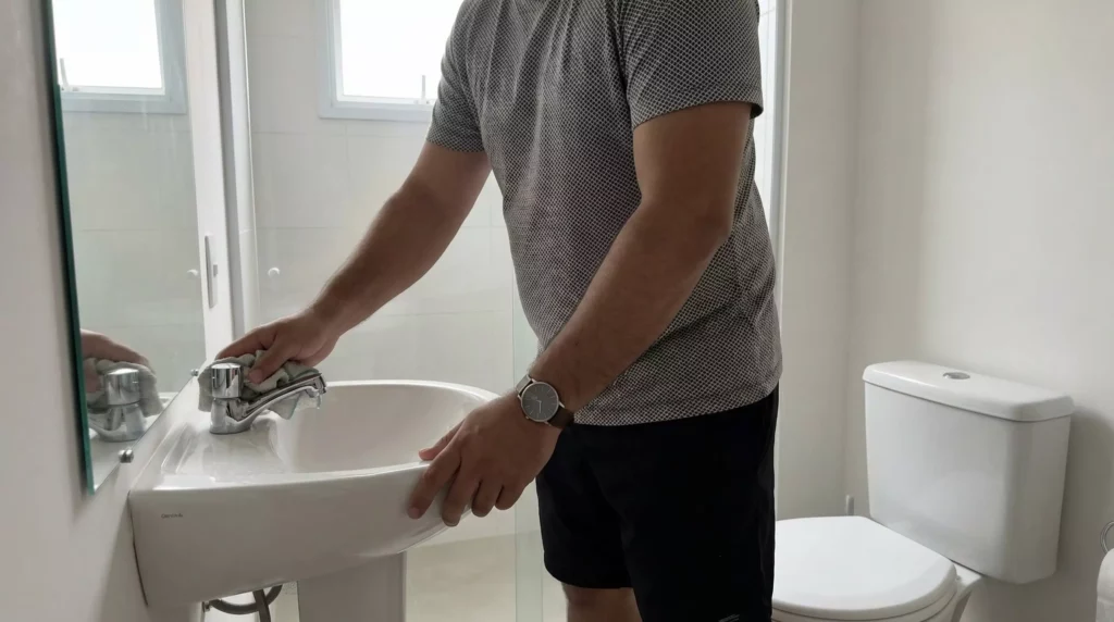 Pessoa fazendo limpeza rápida no banheiro, acertando pia após celebração de Ano Novo. Ambiente renovado e limpo, perfeito para o pós Ano Novo.
